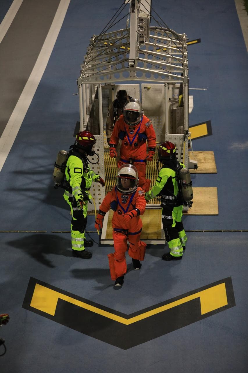 Artemis II SLS rocket illuminated on Launch Pad 39B at Kennedy Space Center