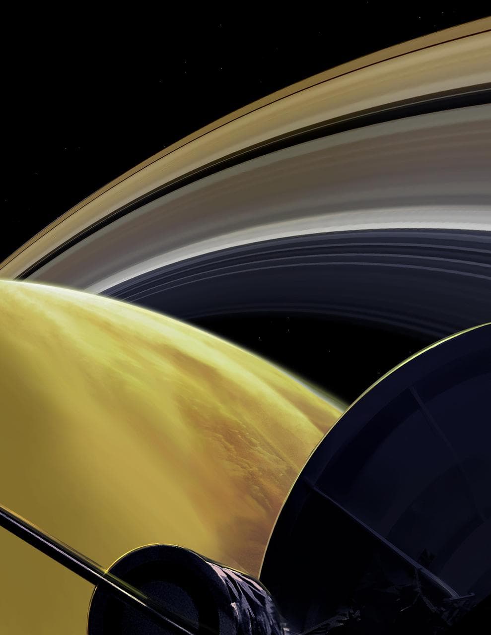Illustration of Cassini's Grand Finale orbits diving between Saturn and its rings