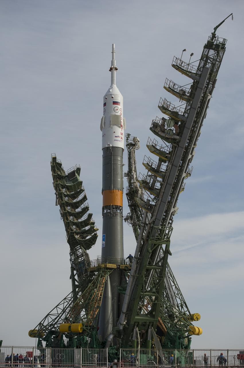 A Soyuz rocket on its launch pad at Baikonur Cosmodrome — still Russia's primary crewed launch site, leased from Kazakhstan
