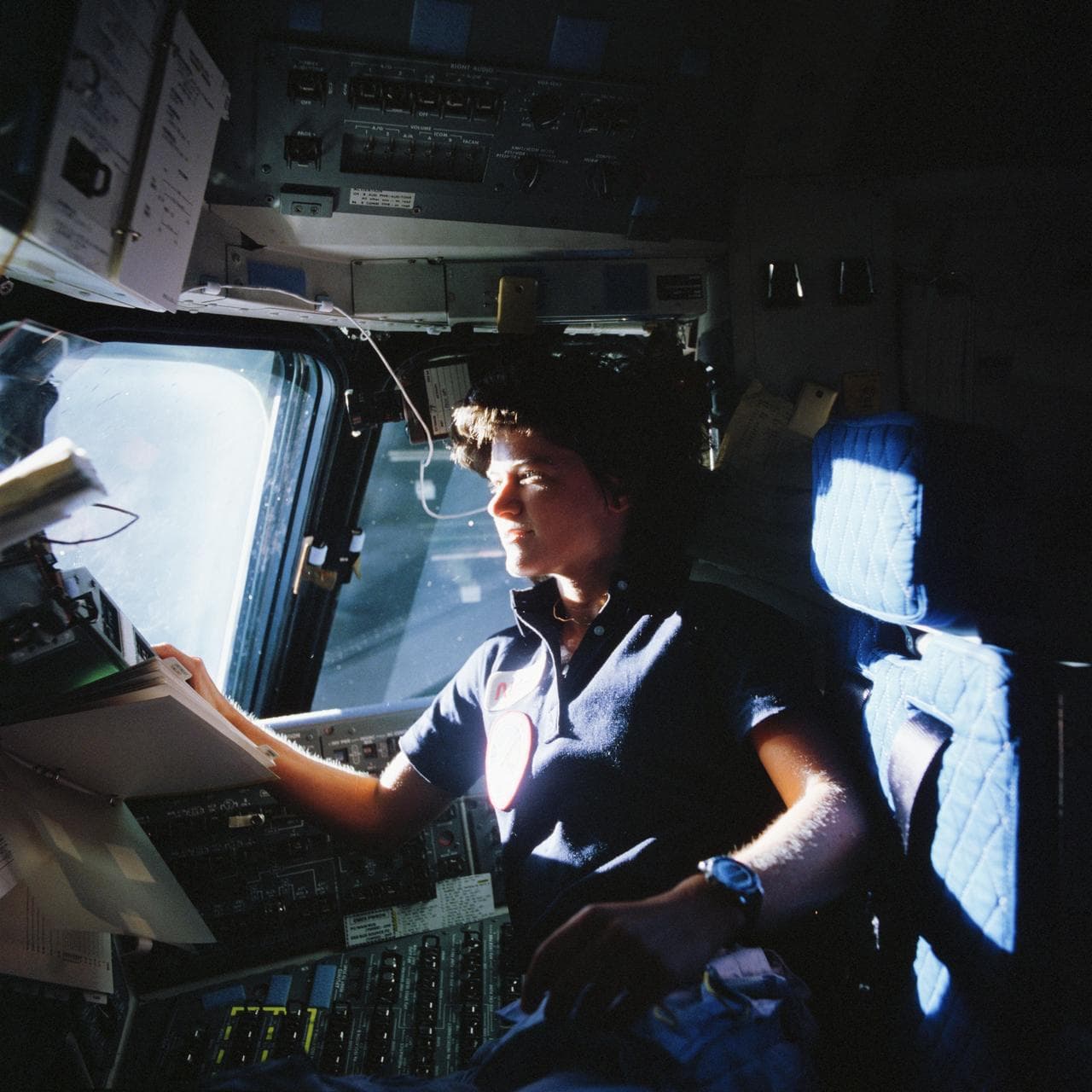 Sally Ride, the first American woman in space, aboard the Space Shuttle
