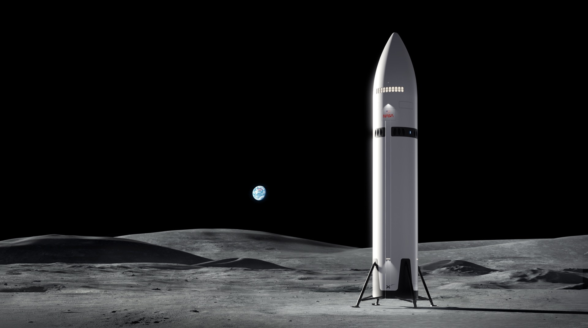 NASA's Artemis program Human Landing System — SpaceX's Starship variant — descending toward the lunar surface in an artist's concept
