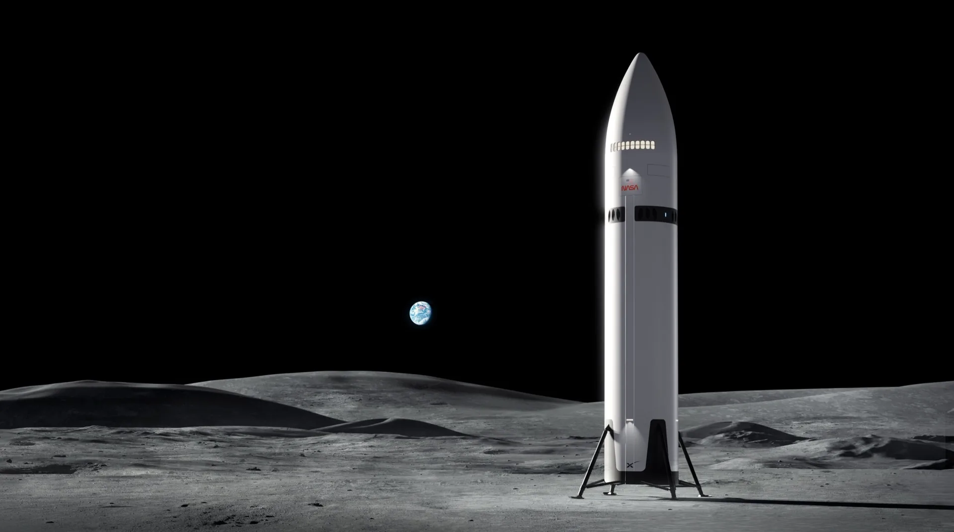 Artist concept of SpaceX Starship Human Landing System in lunar orbit for Artemis III