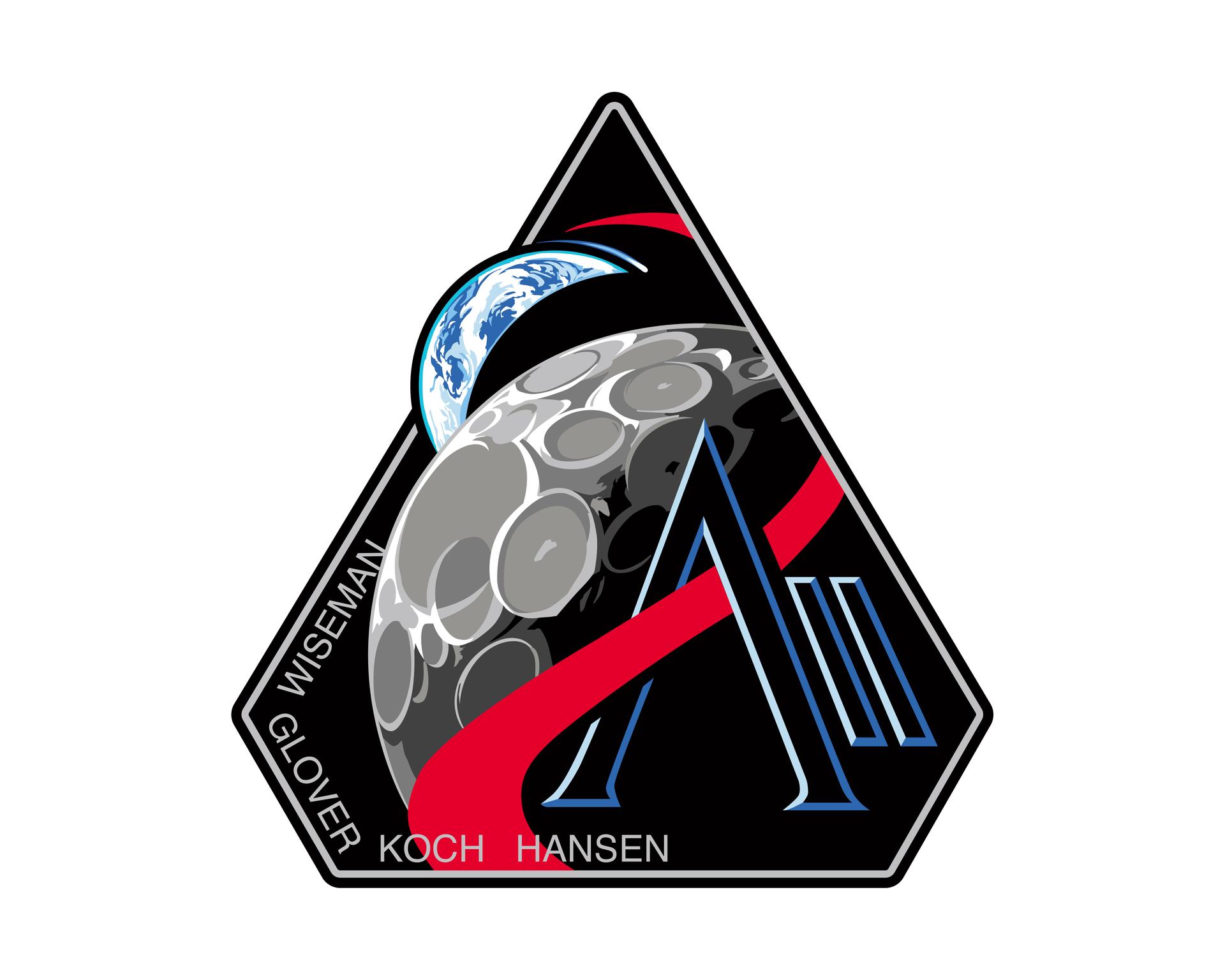 The official Artemis II mission patch featuring the Moon, Earth, and crew names β Wiseman, Glover, Koch, Hansen