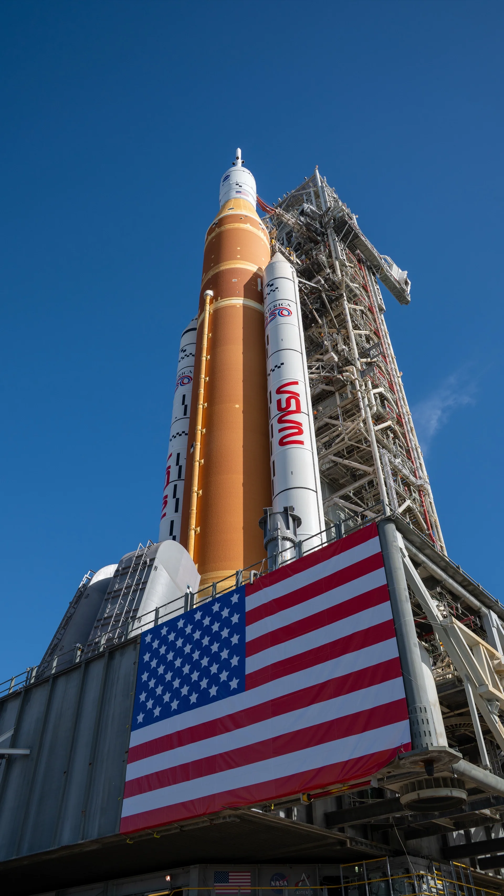 Artemis II SLS rocket illuminated on Launch Pad 39B at Kennedy Space Center
