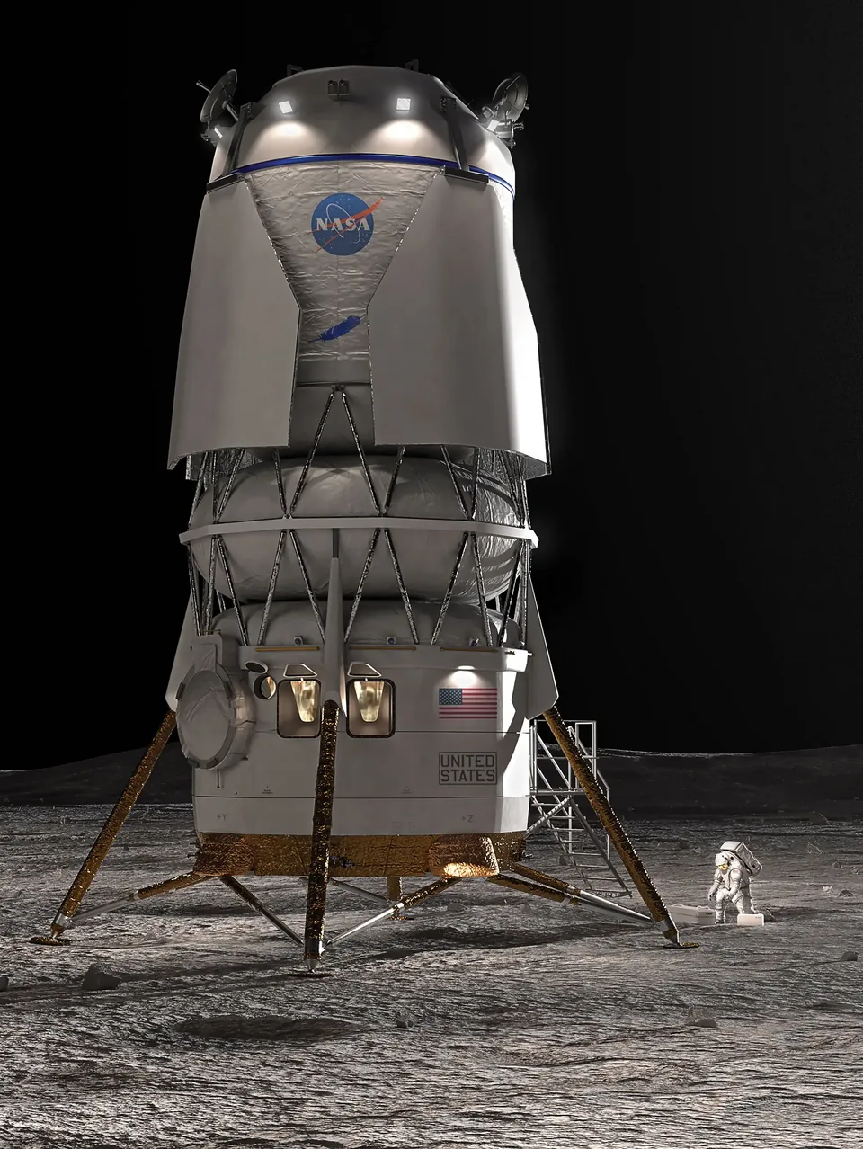 Blue Origin Blue Moon Mark 2 crewed lunar lander descending toward the Moon — Artemis V's HLS