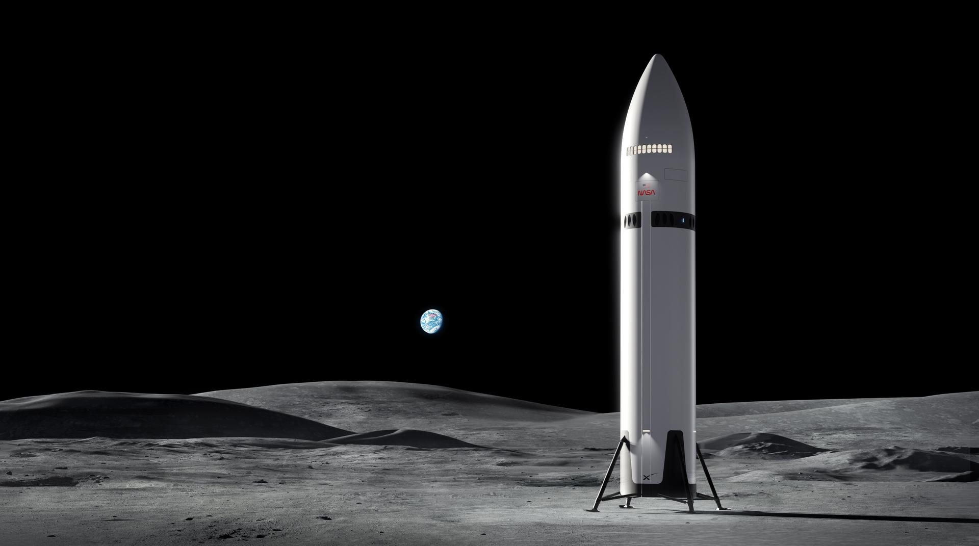 NASA artist's concept of SpaceX's Starship Human Landing System standing on the grey lunar surface with Earth visible as a small blue orb in the black sky