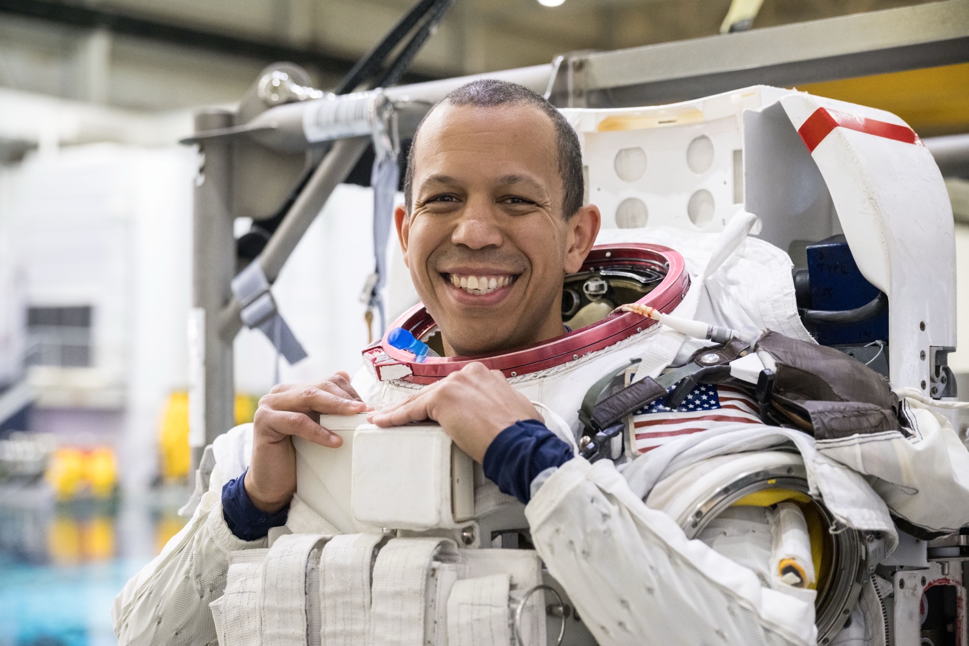 An astronaut training for EVA in NASA's Neutral Buoyancy Laboratory