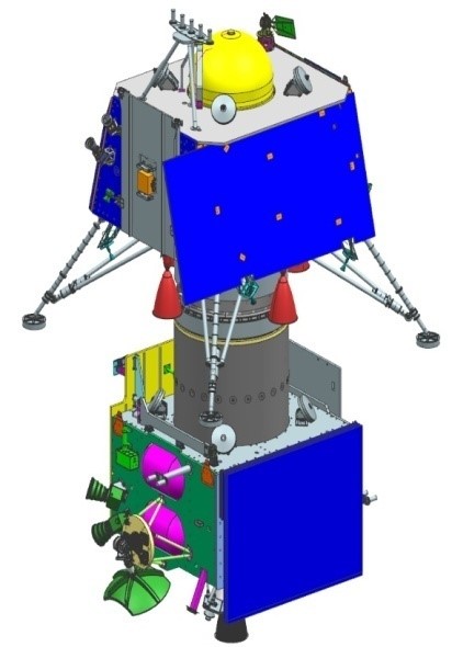 Chandrayaan-2 lander and orbiter integrated module during assembly at ISRO