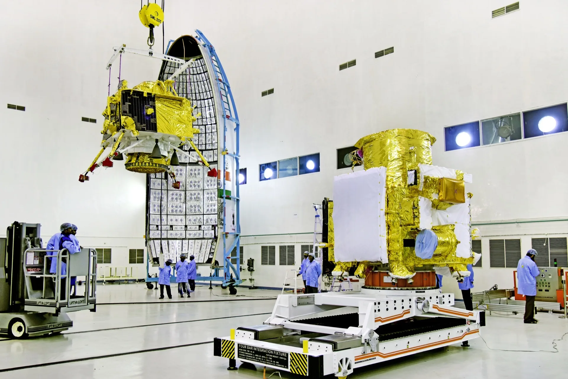 Chandrayaan-2 lander and orbiter integrated module during assembly at ISRO