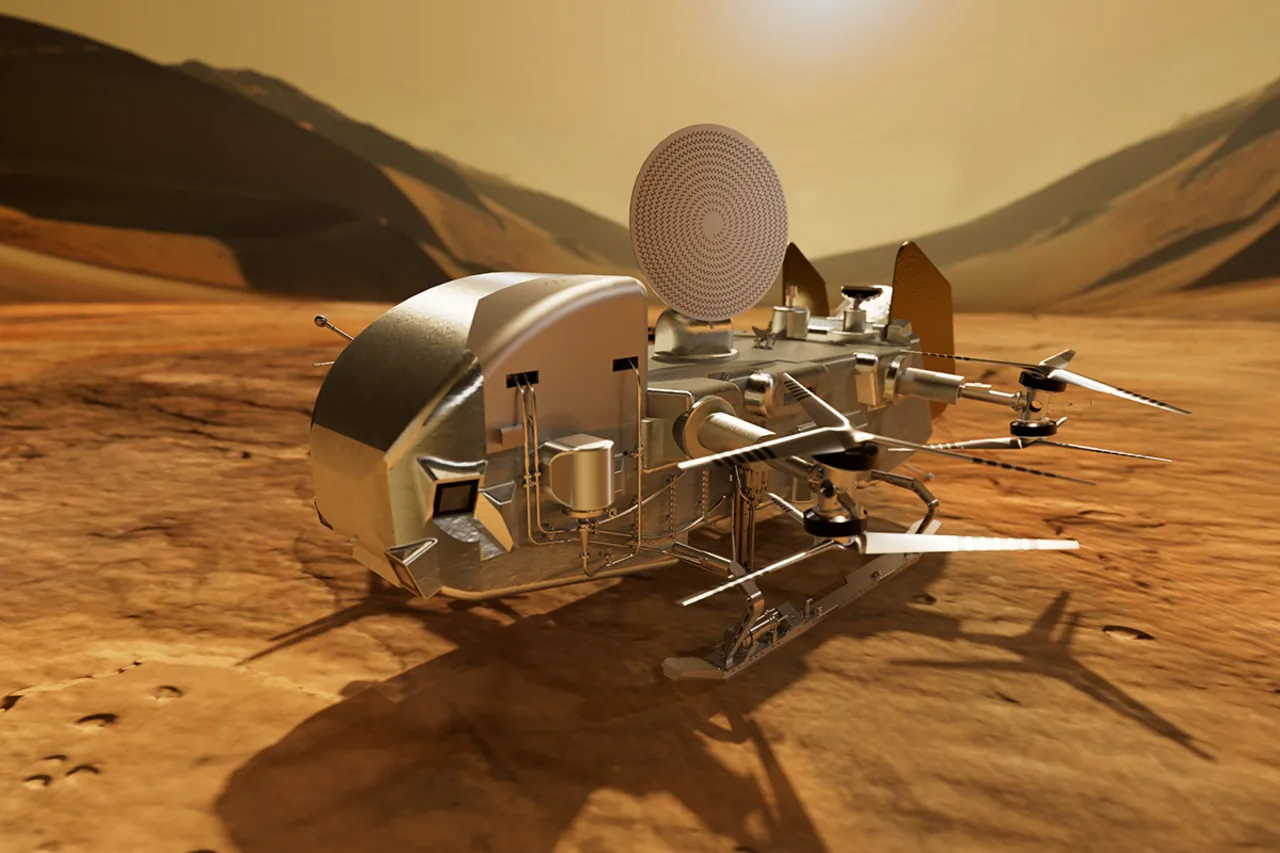 NASA/JHU APL render of Dragonfly rotorcraft octocopter on Titan's surface