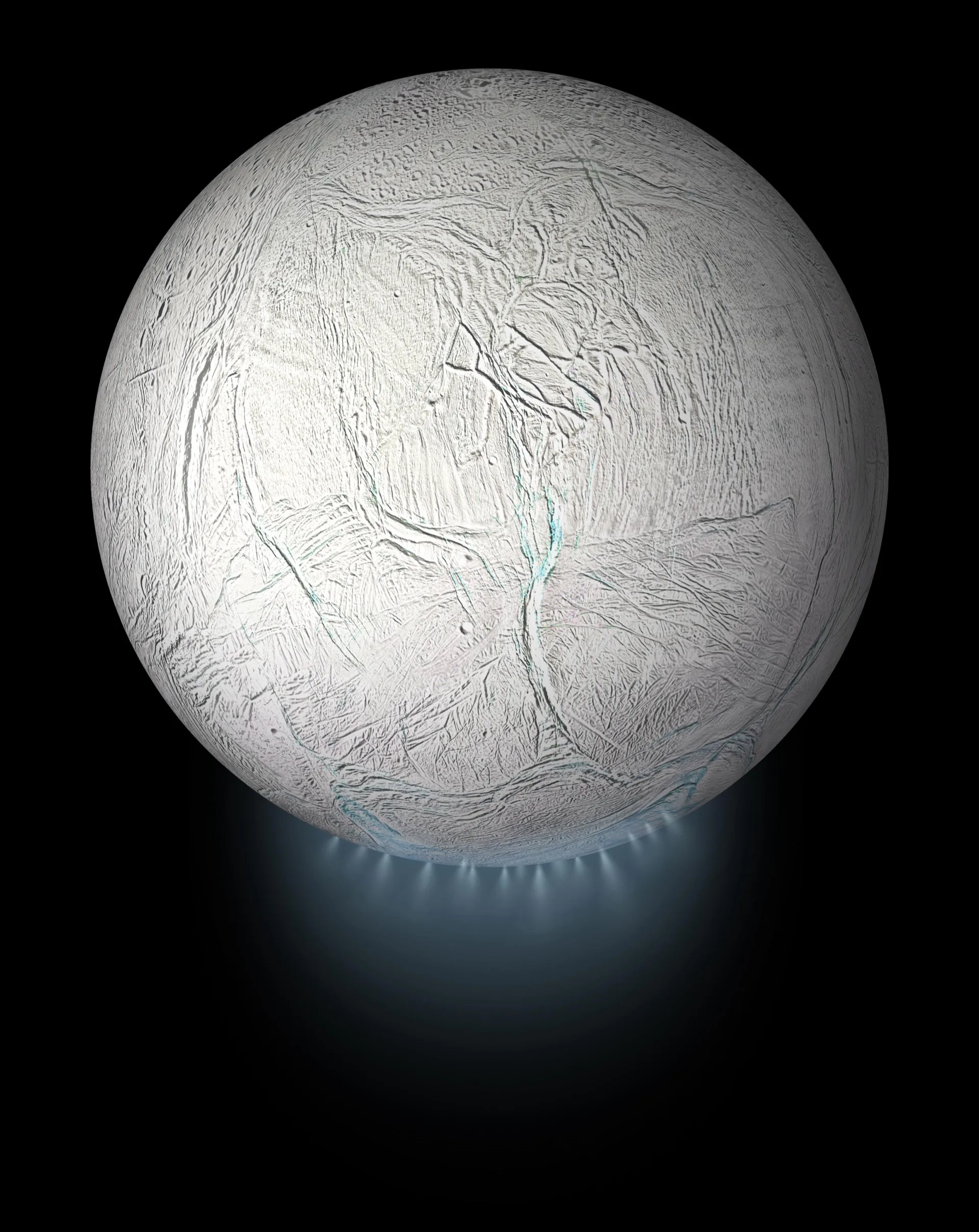 Enceladus geysers erupting from the south polar region — direct evidence of a liquid ocean beneath the ice crust