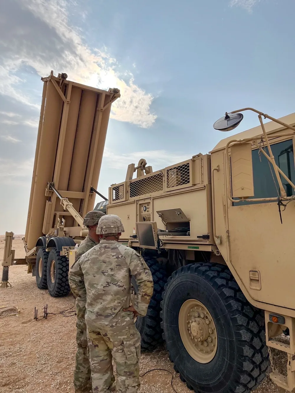 Soldiers from a Terminal High Altitude Area Defense (THAAD) Battery emplacing a launcher in the CENTCOM area of responsibility