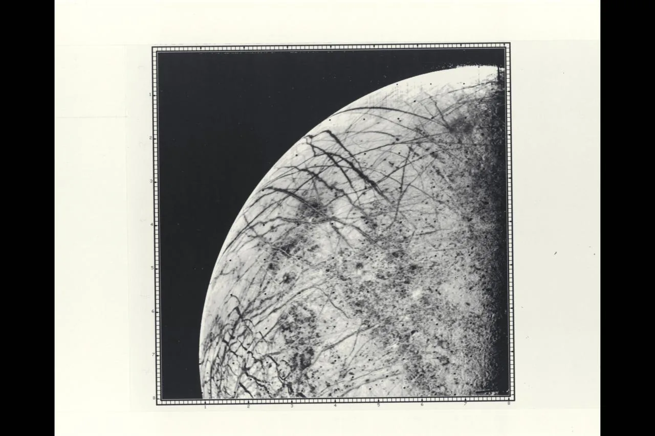 The cracked and ridged ice surface of Jupiter's moon Europa