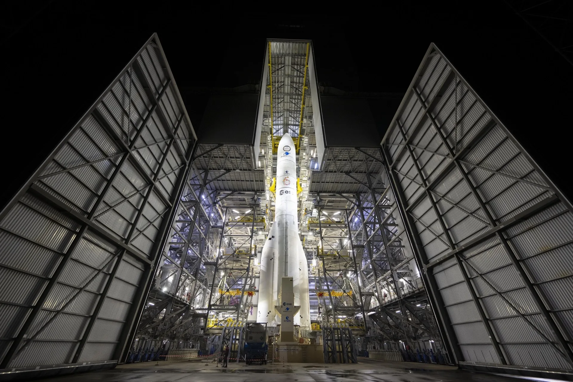 Ariane 6 rocket inside its mobile building at the Guiana Space Centre in Kourou, French Guiana