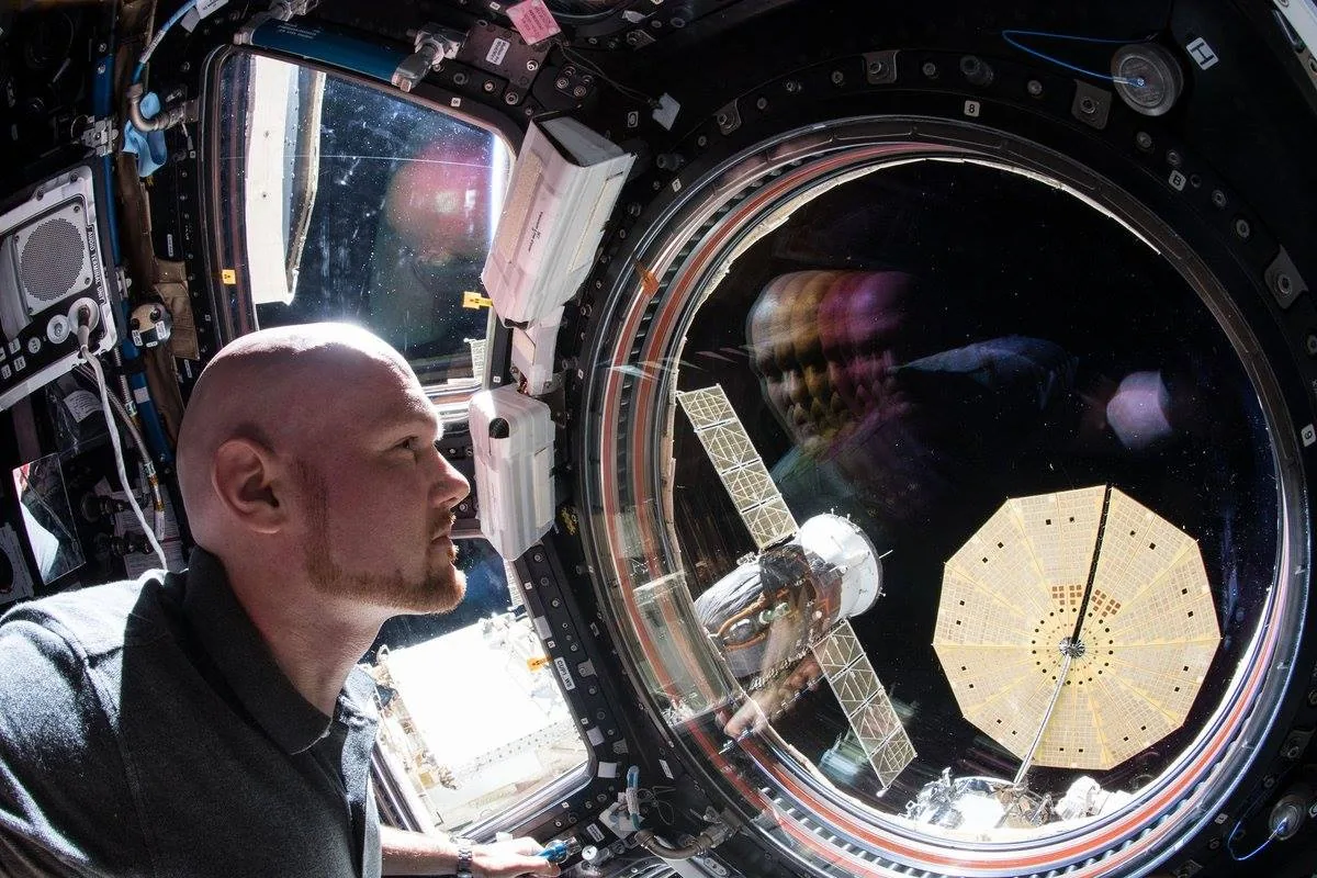 ESA astronaut Alexander Gerst looking through the ISS Cupola at a docked spacecraft