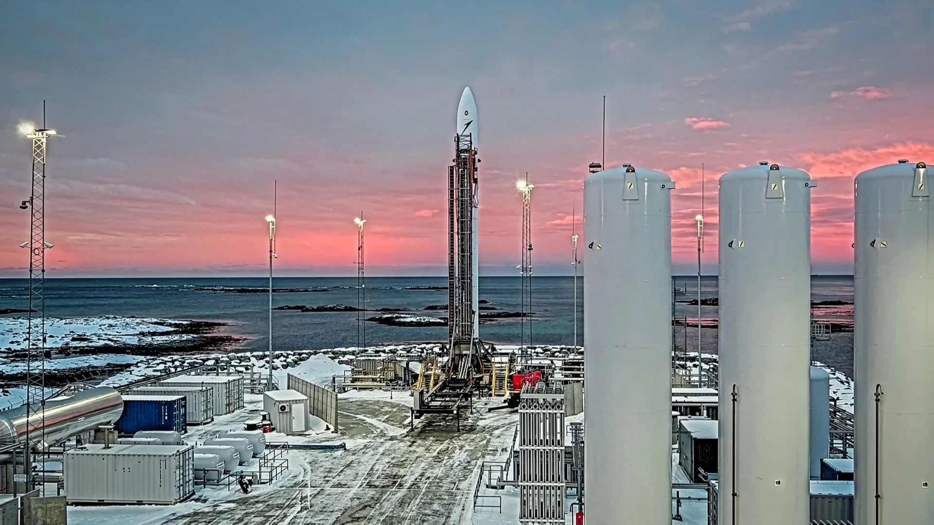 Isar Aerospace Spectrum rocket on the launch pad at Andøya Spaceport, Norway