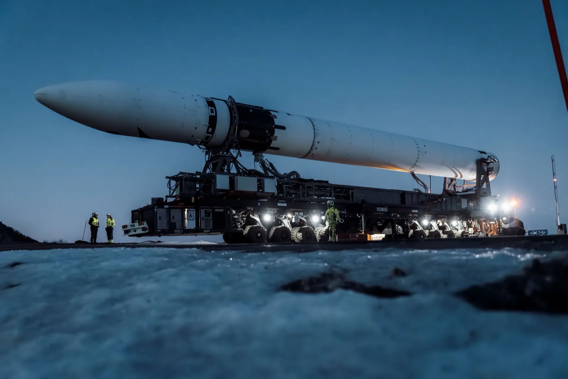 Isar Aerospace's Spectrum rocket rolling out — a European launch startup that raised €165M in Series B, among the largest European space startup rounds