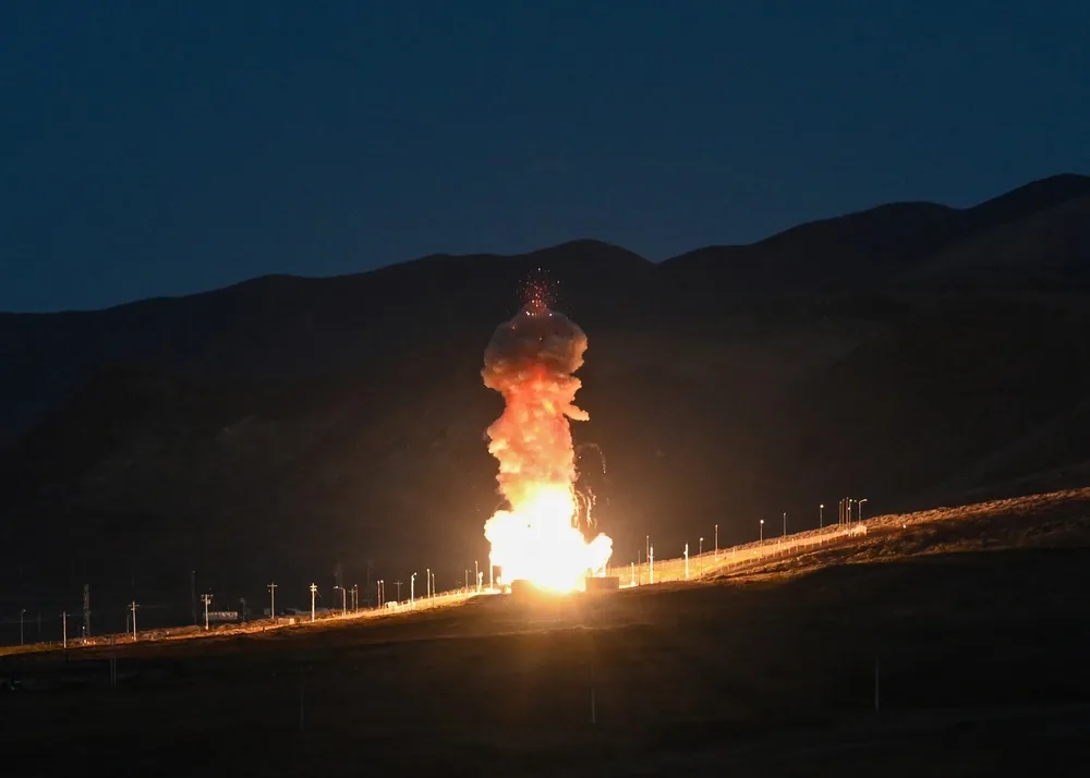 A Ground-based Interceptor (GBI), an element of the Ground-based Midcourse Defense system, launches from Vandenberg Space Force Base during the FTG-12 flight test on December 11, 2023