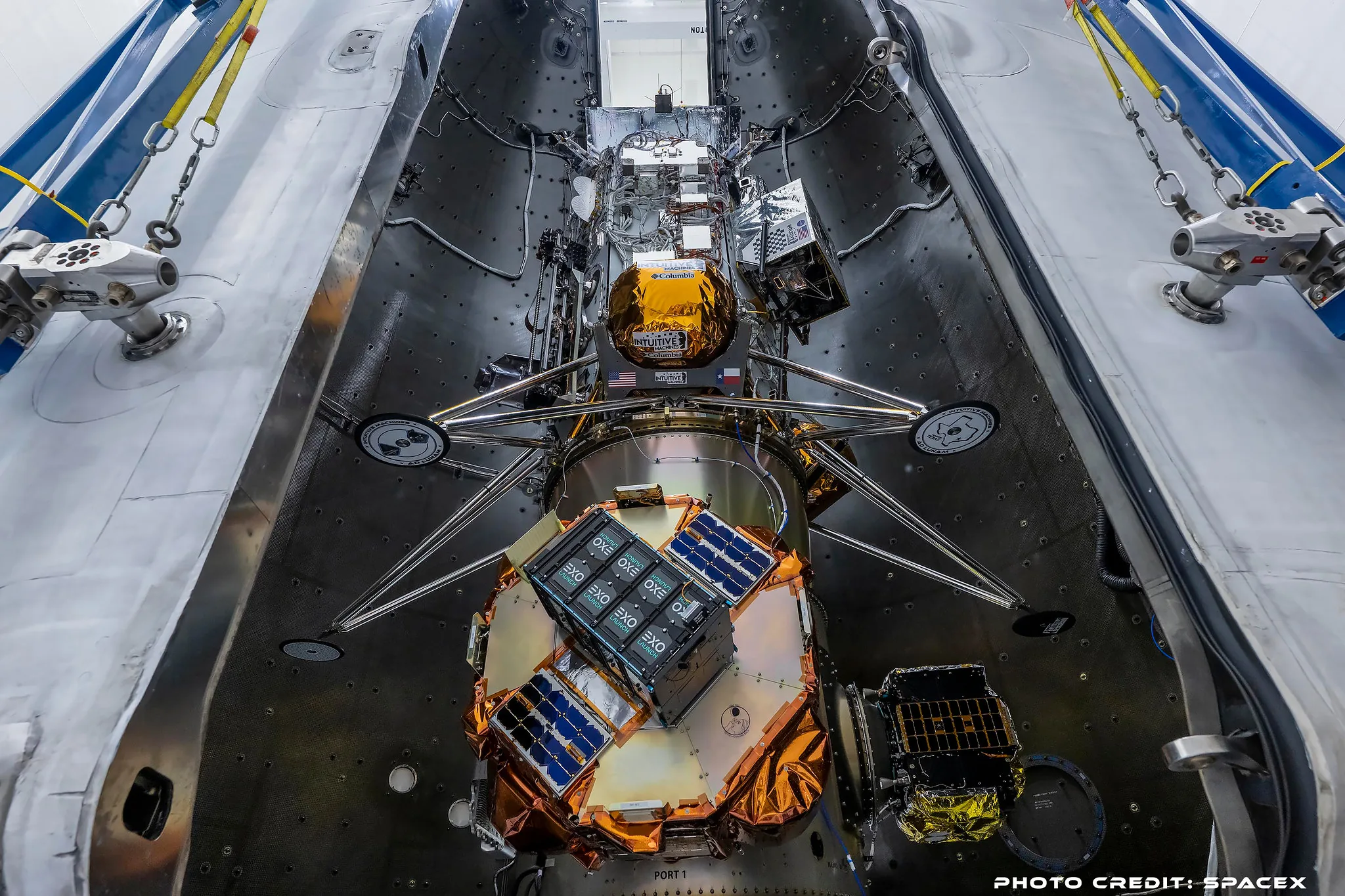 Athena (IM-2) encapsulated inside the SpaceX Falcon 9 fairing at Kennedy Space Center ahead of its February 2025 launch — photo credit: SpaceX / Intuitive Machines