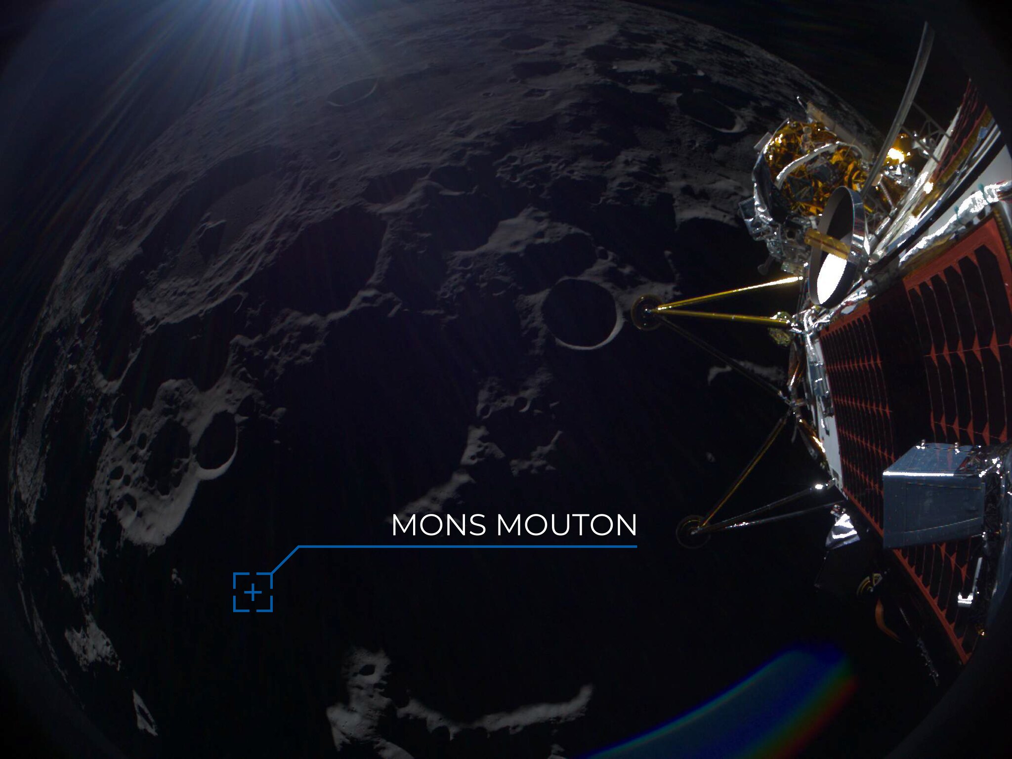 IM-2 Athena lander in low lunar orbit above Mons Mouton — the intended landing site — captured by Athena's onboard camera, March 2025