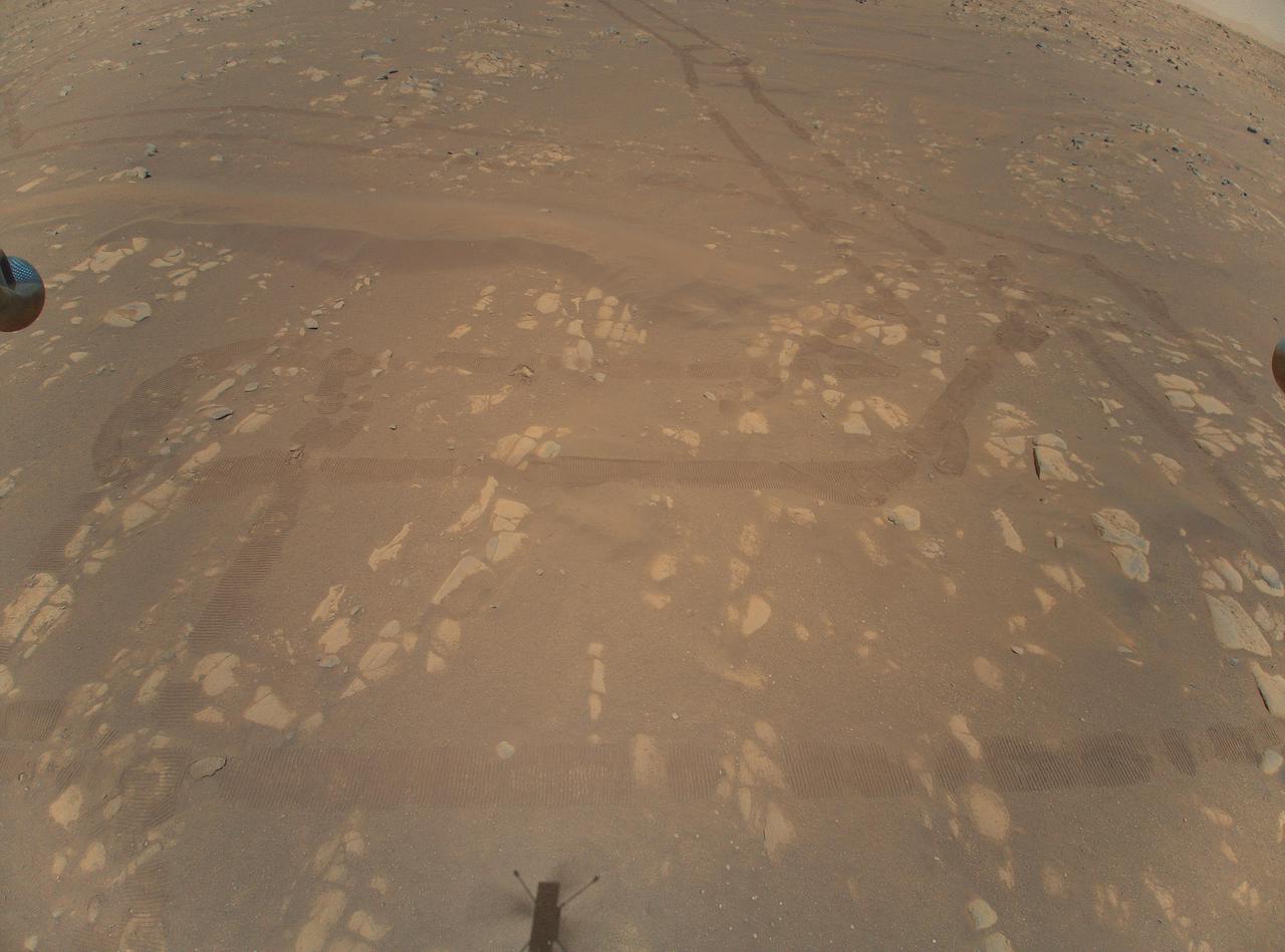 Shadow of the Ingenuity helicopter cast on the Martian surface during flight