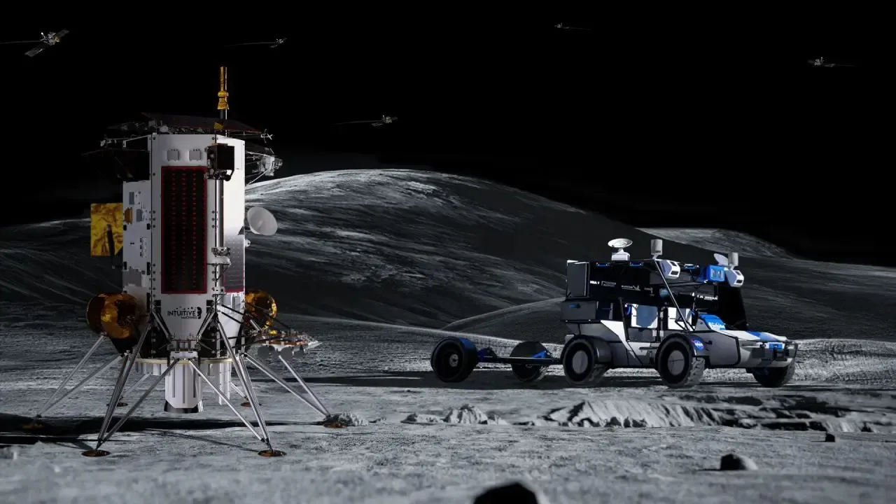 Intuitive Machines Nova-C lander and Lunar Terrain Vehicle (LTV) on the lunar surface — official company render showing the full cislunar infrastructure stack