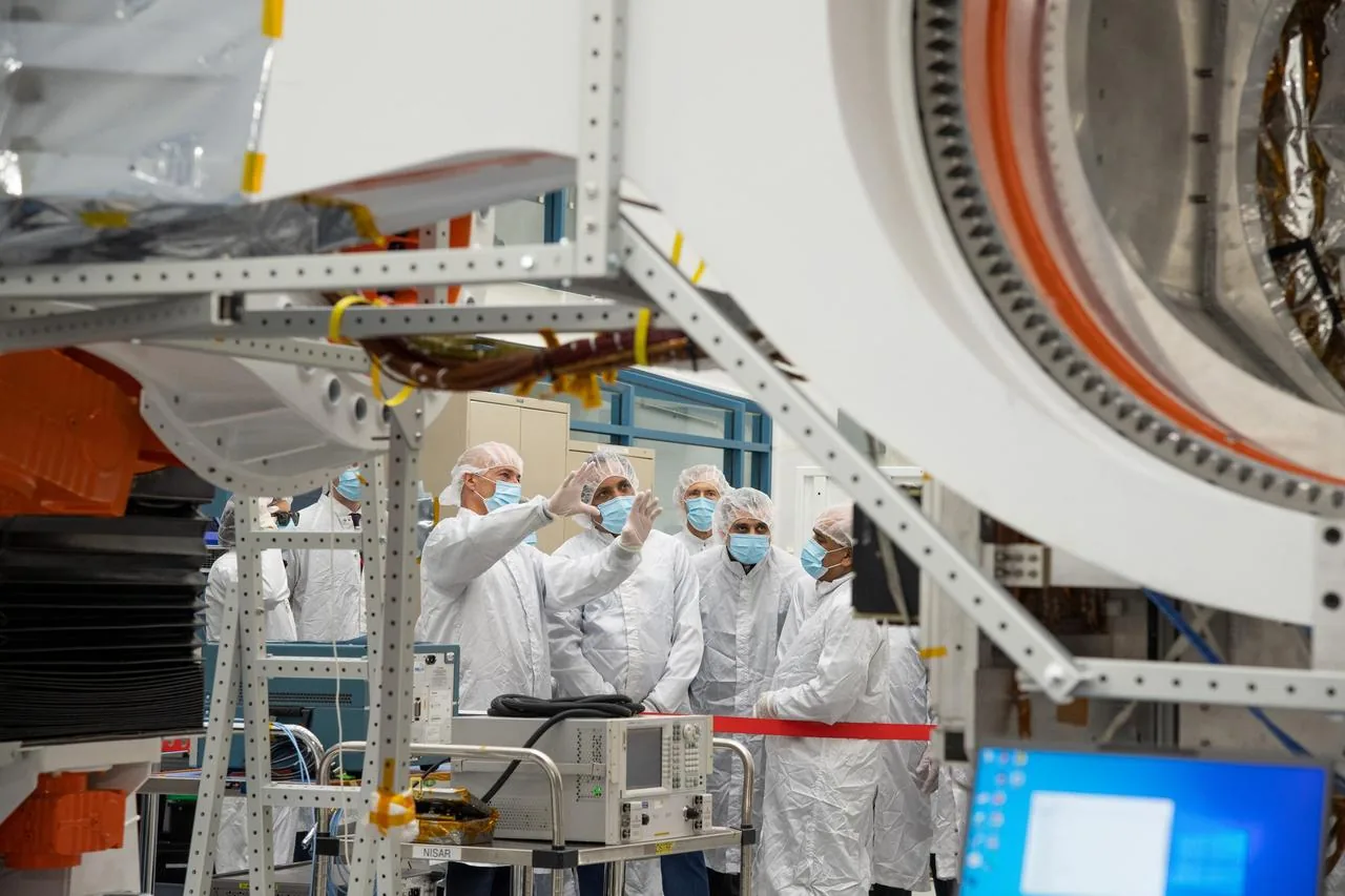 ISRO Chairman visiting the NISAR satellite at NASA's Jet Propulsion Laboratory
