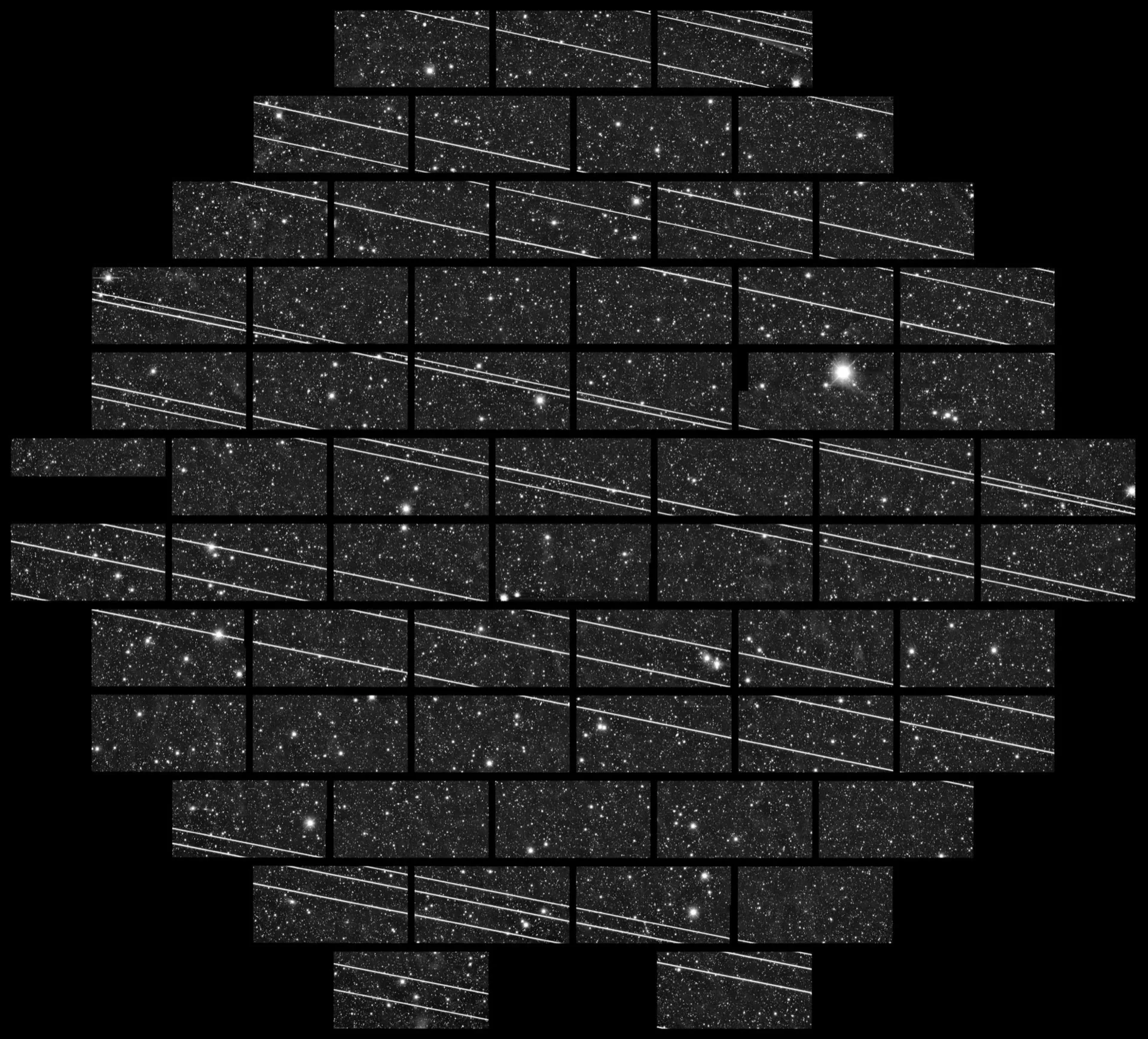 Starlink satellite trails captured across deep-sky astronomical exposures — visual evidence of the constellation's scale