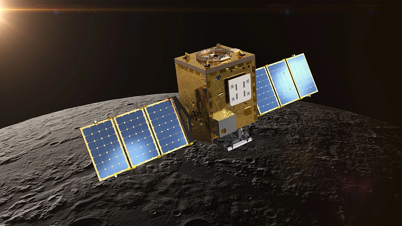 Artist illustration of the Lunar Trailblazer smallsat orbiting the Moon to map water ice