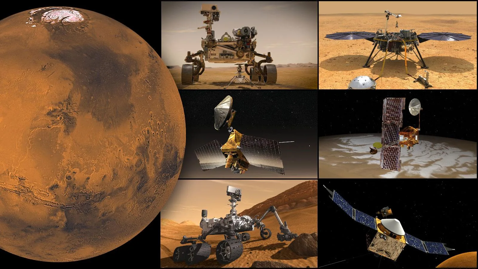 Graphic showing the diverse fleet of spacecraft in Mars orbit — from which our best maps of Olympus Mons and Valles Marineris are derived