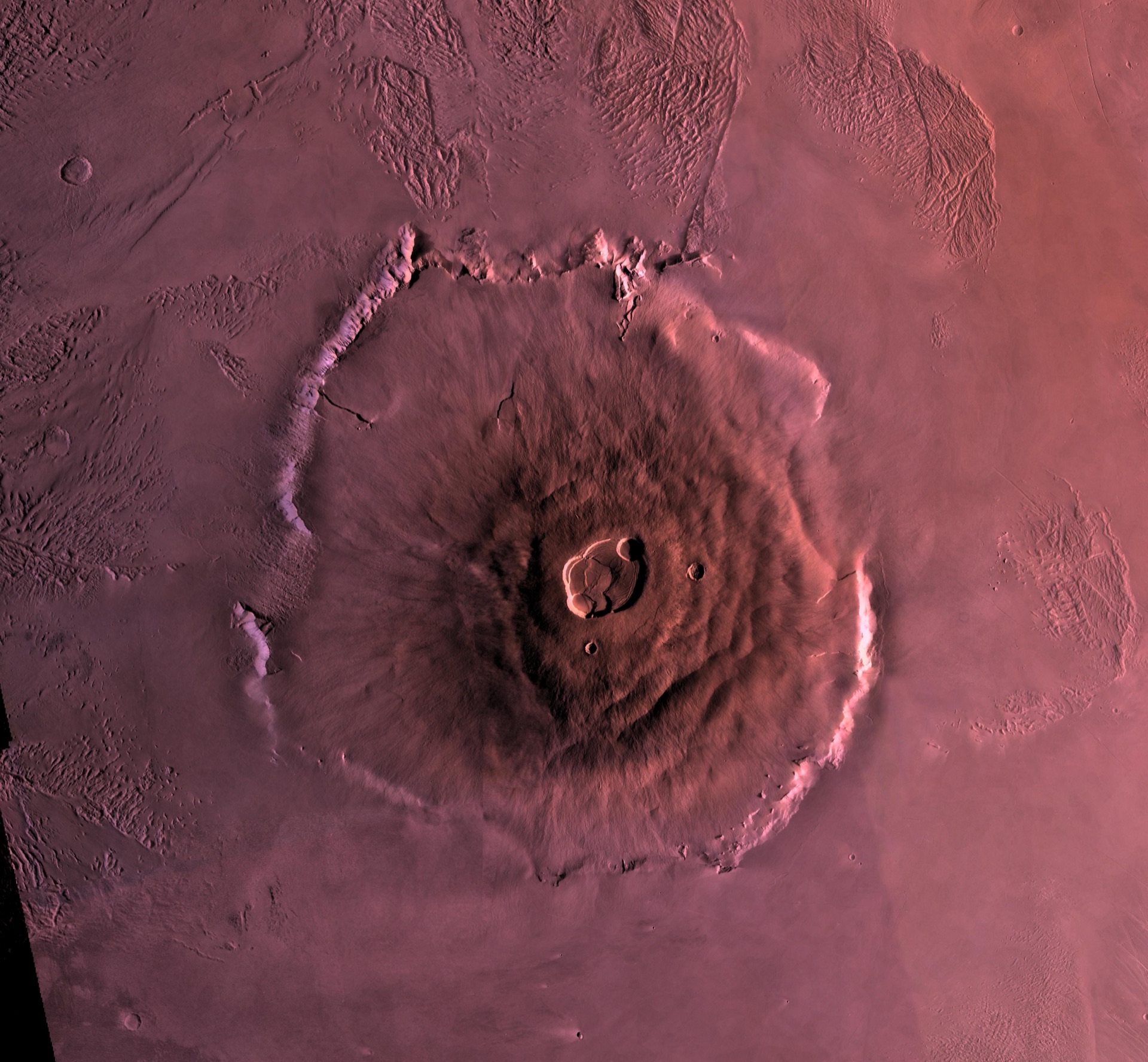 Olympus Mons, the tallest volcano in the solar system, rising above the Martian surface