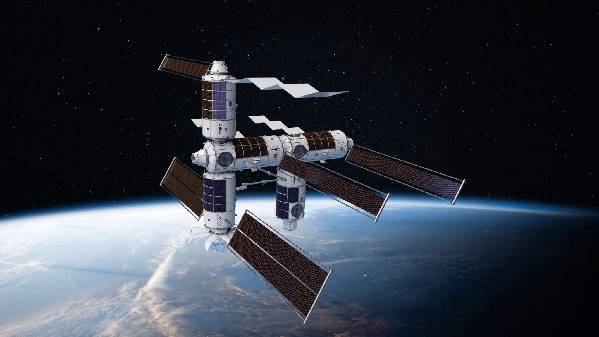 Digital rendering of Axiom Station in orbit: five white cylindrical modules joined in a cross-shaped cluster with eight dark solar array wings fanning outward, Earth's cloud-covered surface below