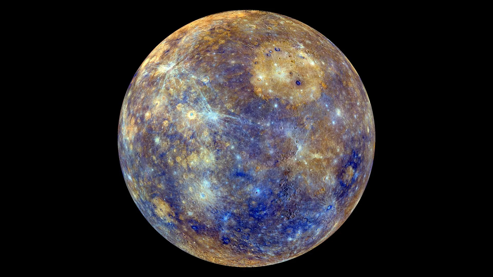 Mercury in enhanced colour captured by NASA's MESSENGER spacecraft, revealing geological diversity