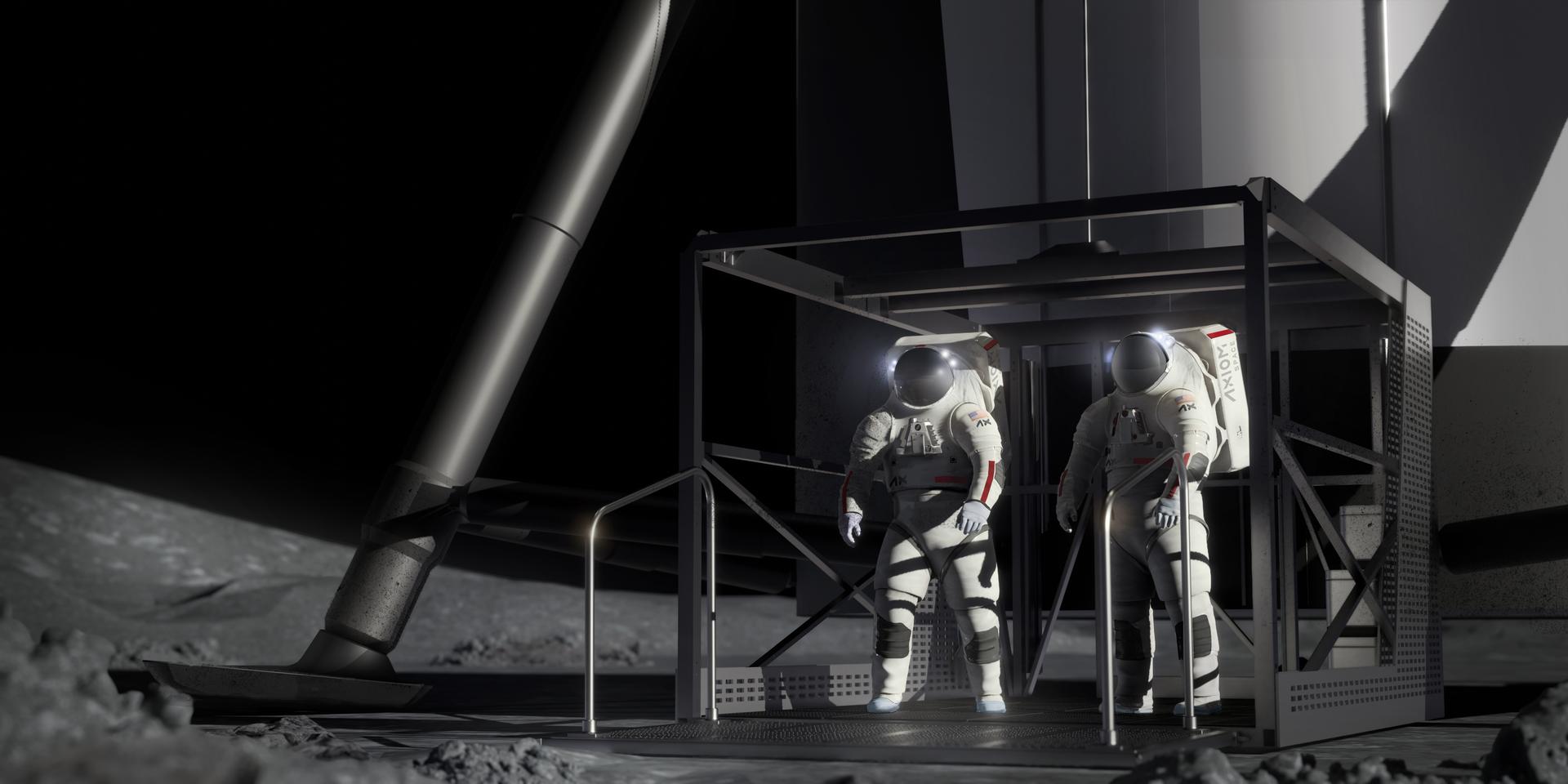 Artist's concept of Artemis astronauts on the lunar surface in next-generation Axiom spacesuits exploring near the south pole