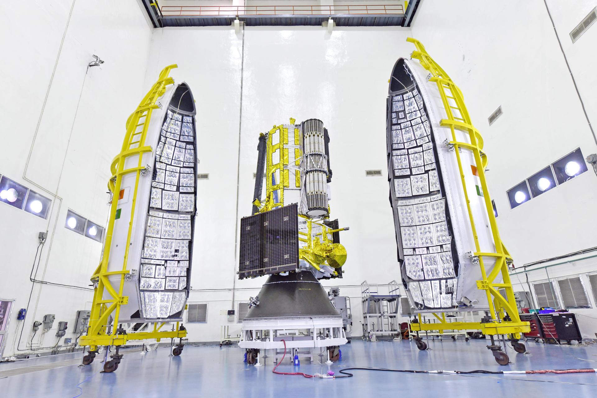 The NISAR satellite — a joint NASA-ISRO Earth observation radar satellite — being encapsulated at ISRO's launch facility, demonstrating India's advanced satellite manufacturing capability