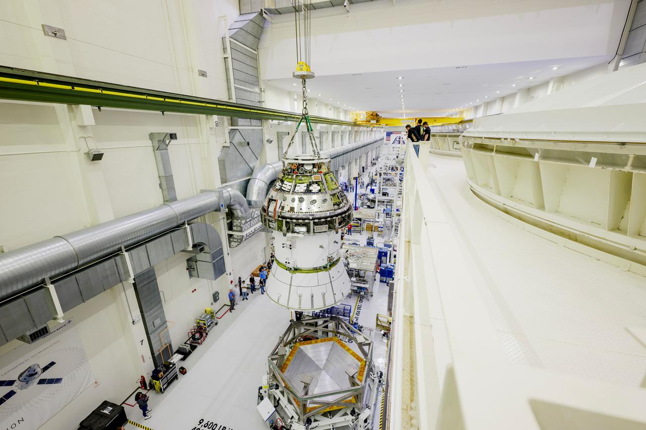 Orion spacecraft undergoing pre-launch testing for the Artemis programme