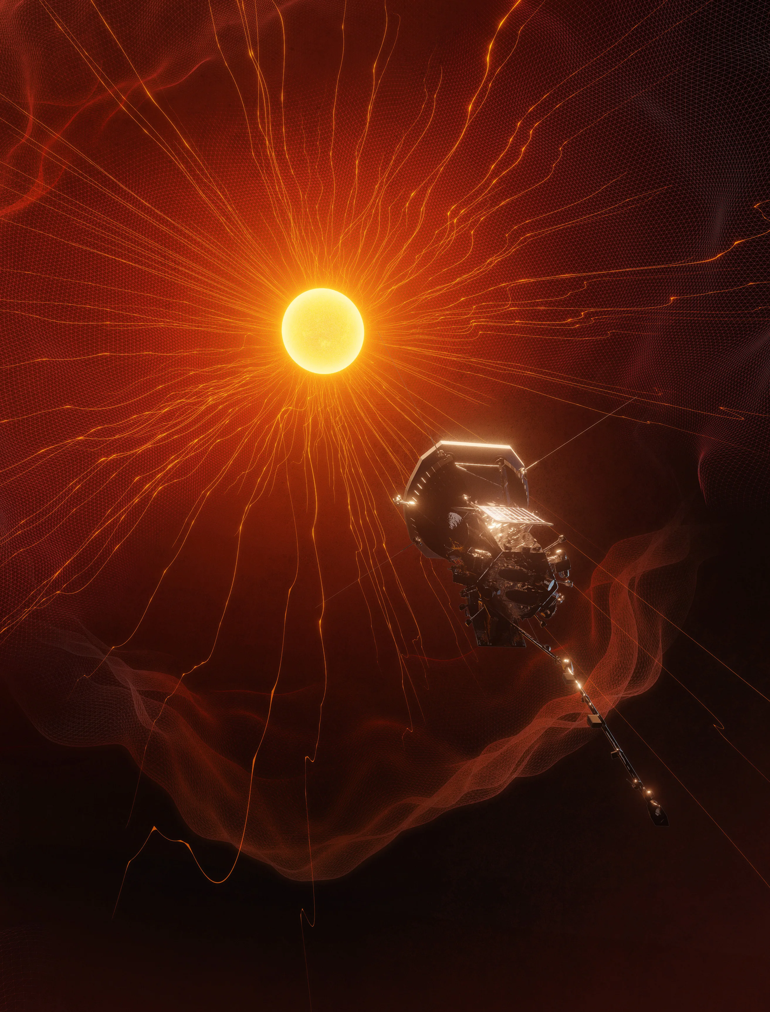 NASA/JHU APL artist render of Parker Solar Probe approaching the solar corona at record speed