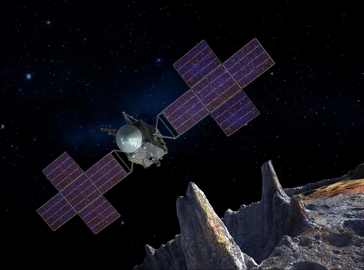 Artist's rendering of the metallic asteroid 16 Psyche showing its iron-nickel surface