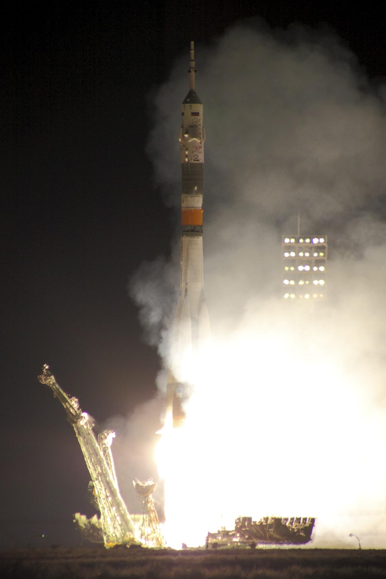 A Soyuz rocket on its launch pad at Baikonur Cosmodrome — still Russia's primary crewed launch site, leased from Kazakhstan