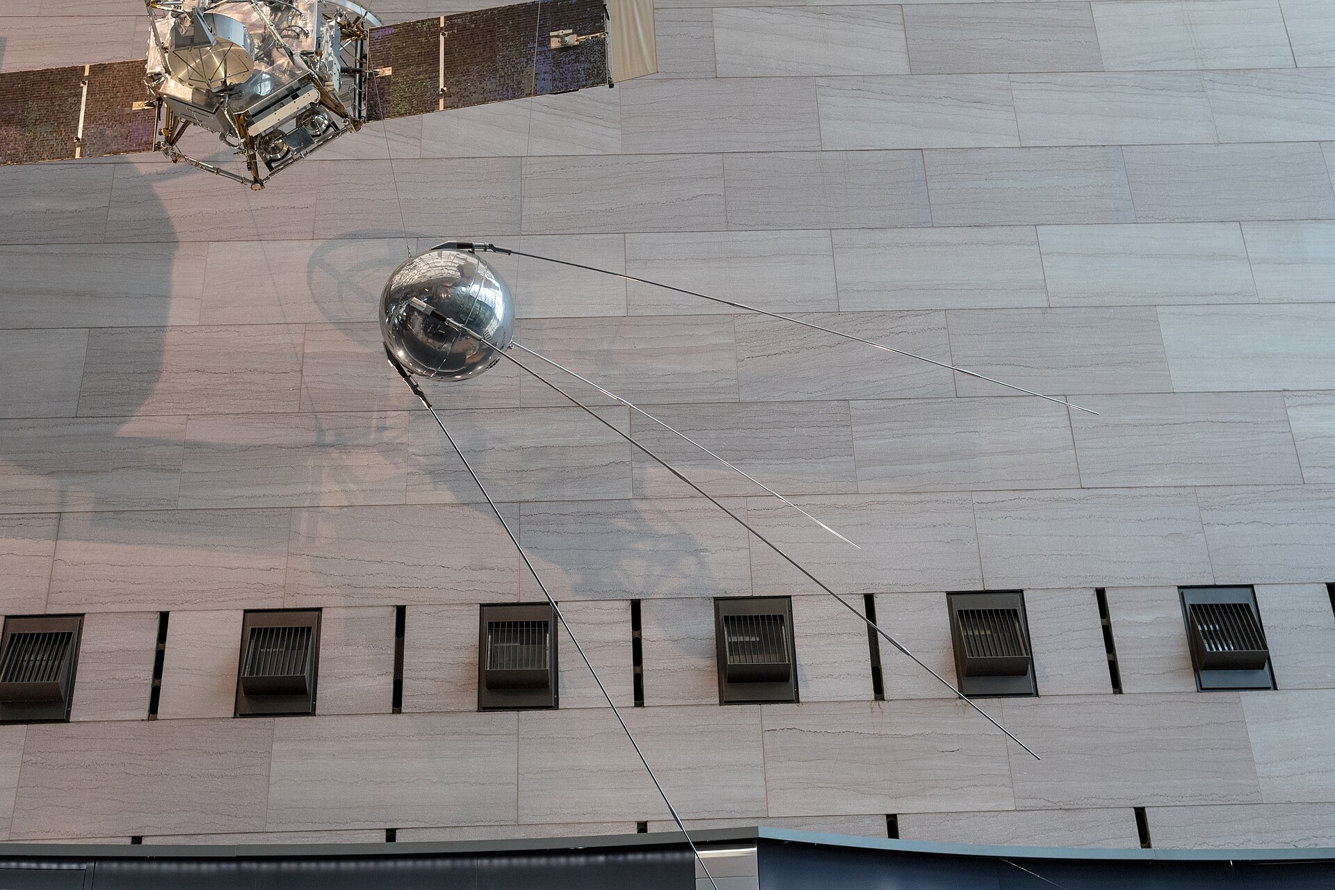 A replica of Sputnik 1, humanity's first artificial satellite, launched by the Soviet Union on October 4, 1957