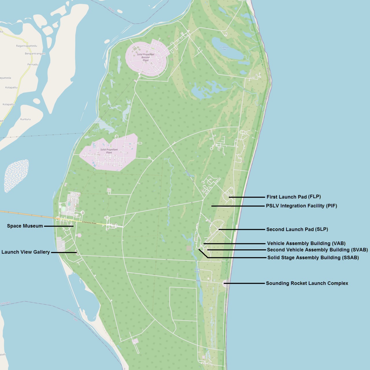 Aerial view of the Satish Dhawan Space Centre at Sriharikota — India's only orbital launch facility