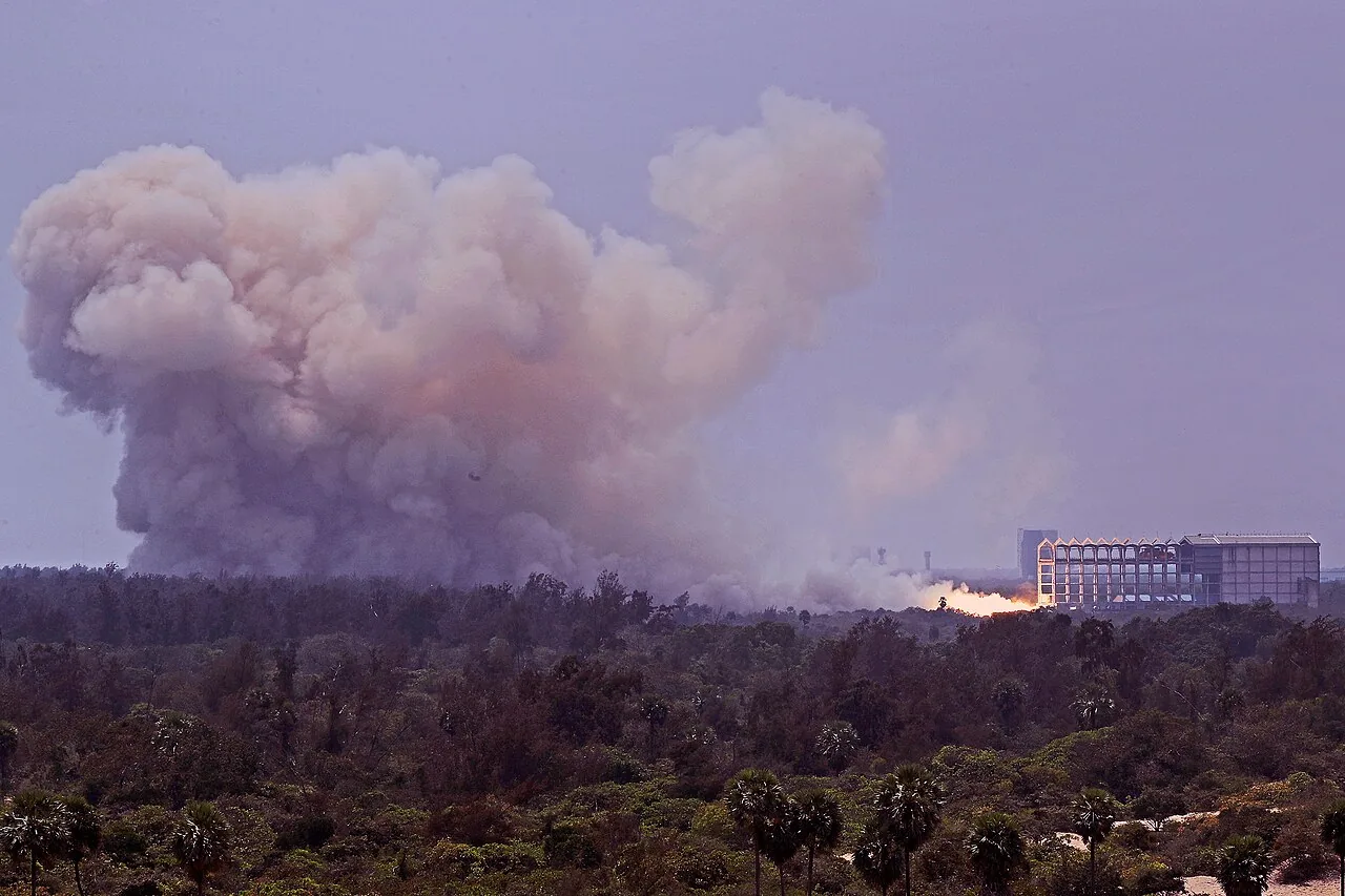 ISRO's SSLV first stage being static-fired at the Satish Dhawan Space Centre