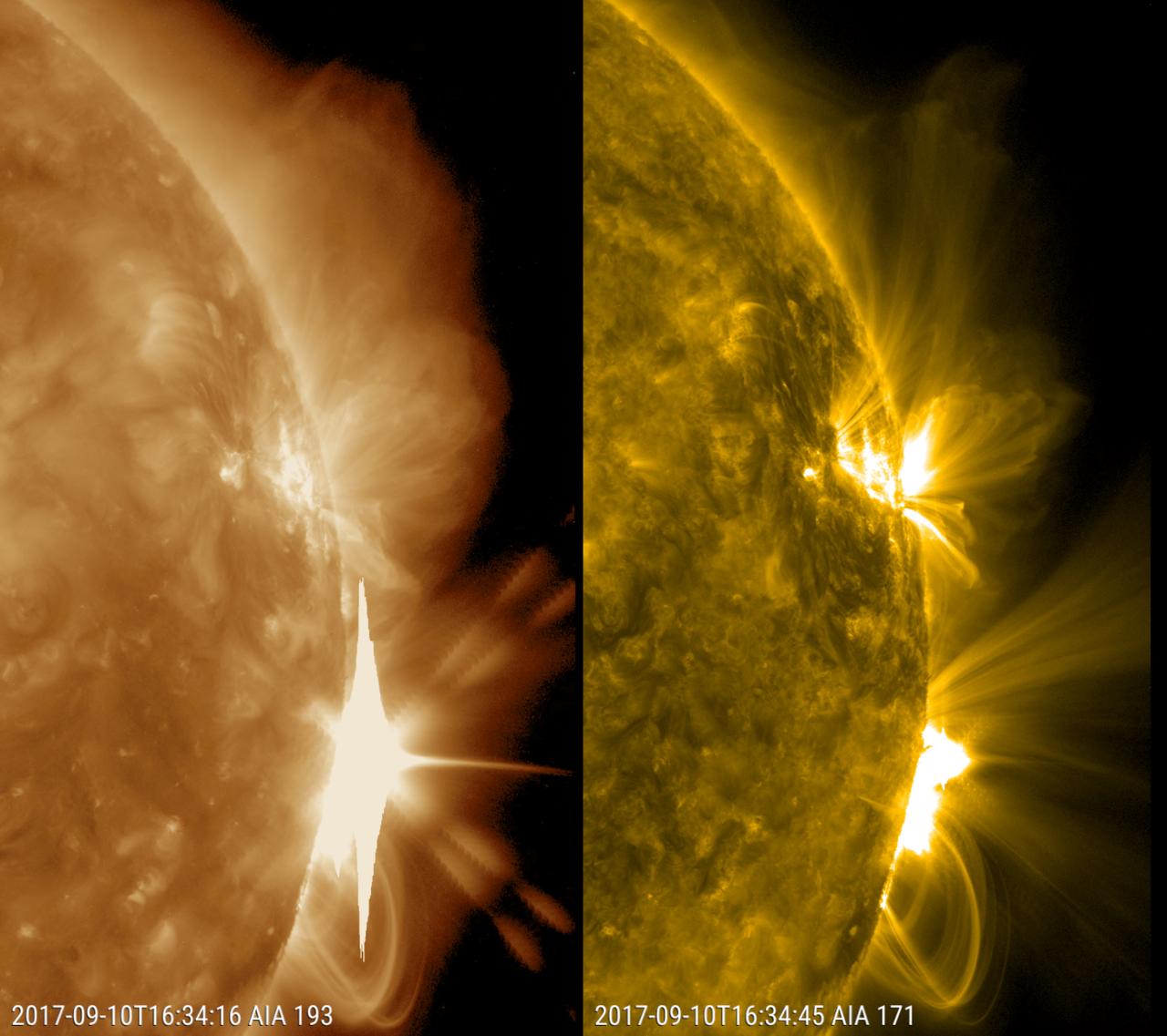 A solar flare erupting from the Sun's surface, sending charged particles toward Earth