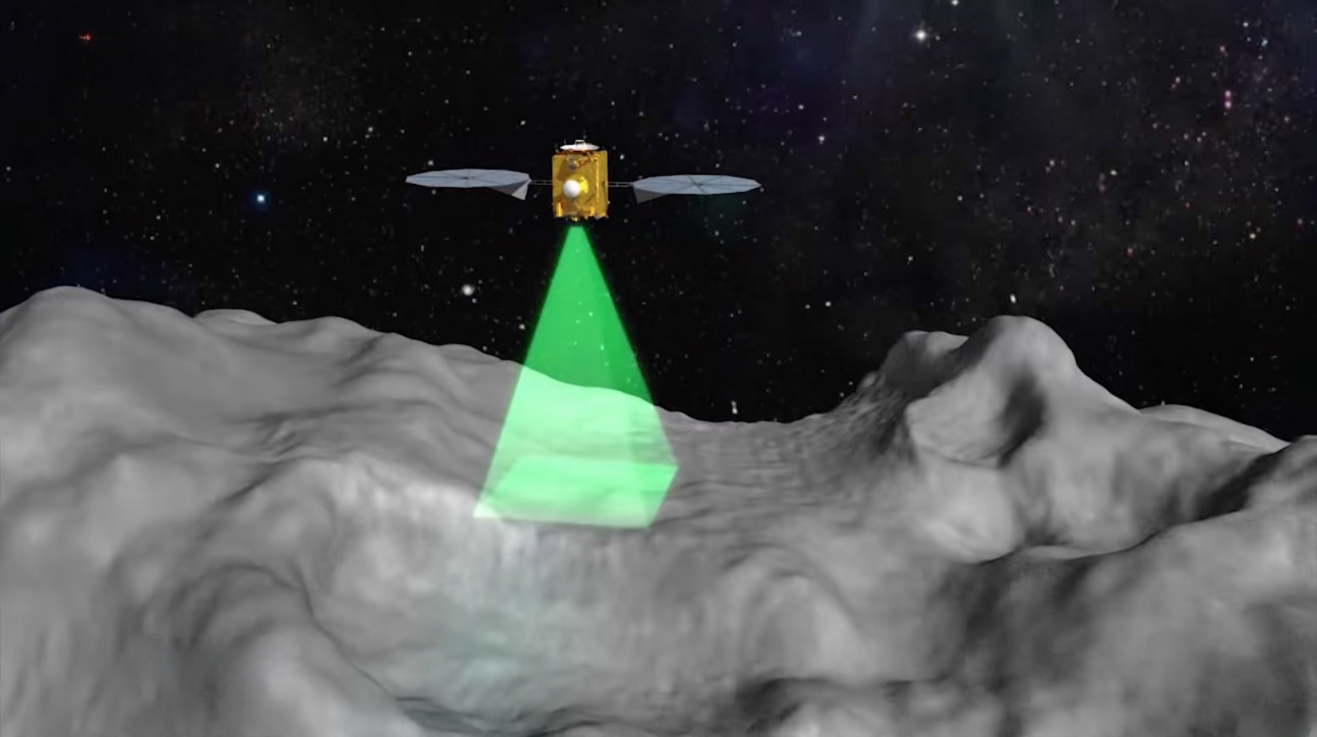 Artist's rendering of the Tianwen-2 spacecraft hovering above a grey asteroid surface, projecting a green laser-ranging beam toward the ground
