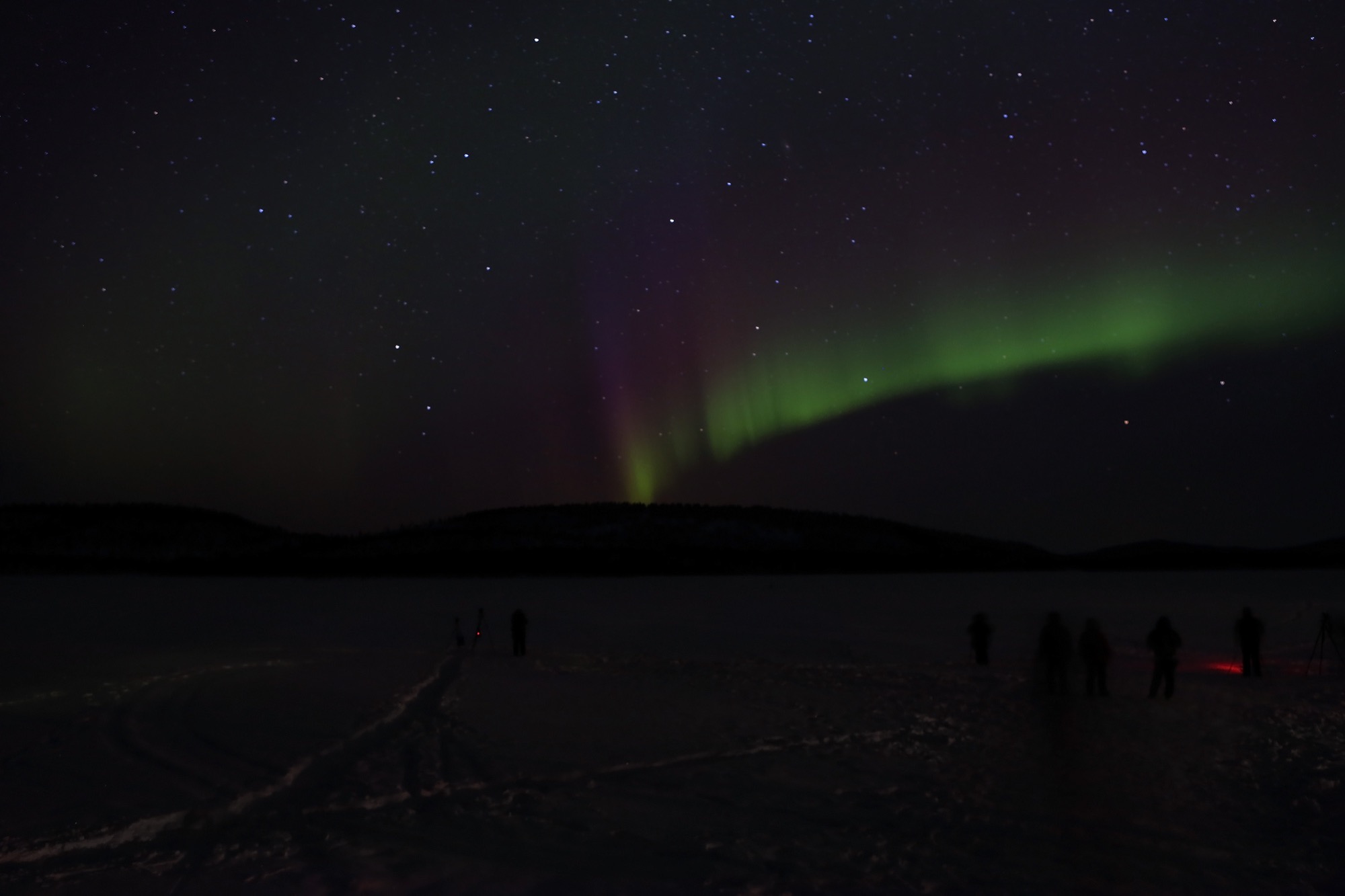 Green and purple aurora over frozen Lake Inari with silhouetted watchers, Finland