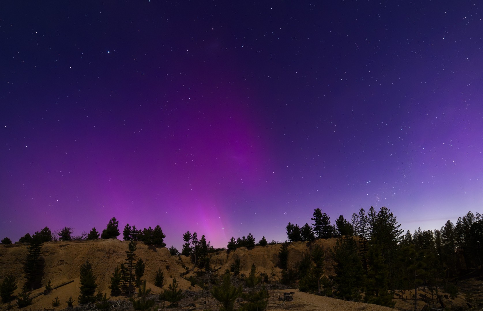 Pink and green southern lights above a forested hillside in Naseby, New Zealand