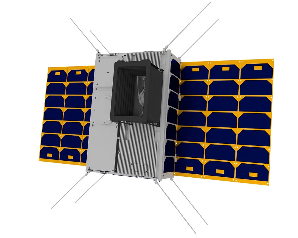 Render of an AKAER/Opto Space & Defense Earth-observation nanosatellite with deployed solar panels and an integrated optical payload.