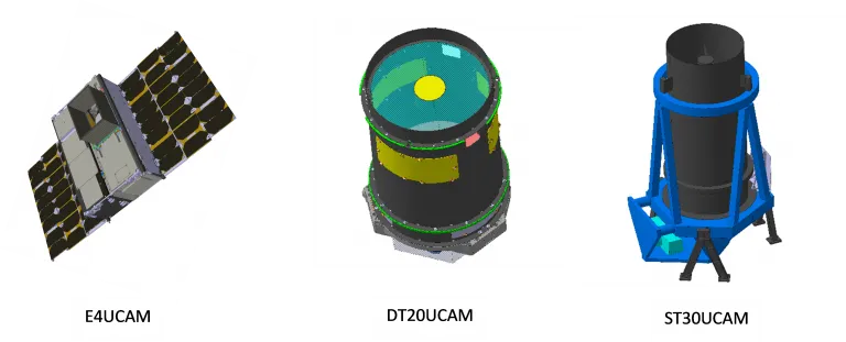 Render of AKAER's satellite-camera family: the E4UCAM, DT20UCAM and ST30UCAM optical payloads, spanning nanosat imagers to a submetric telescope.