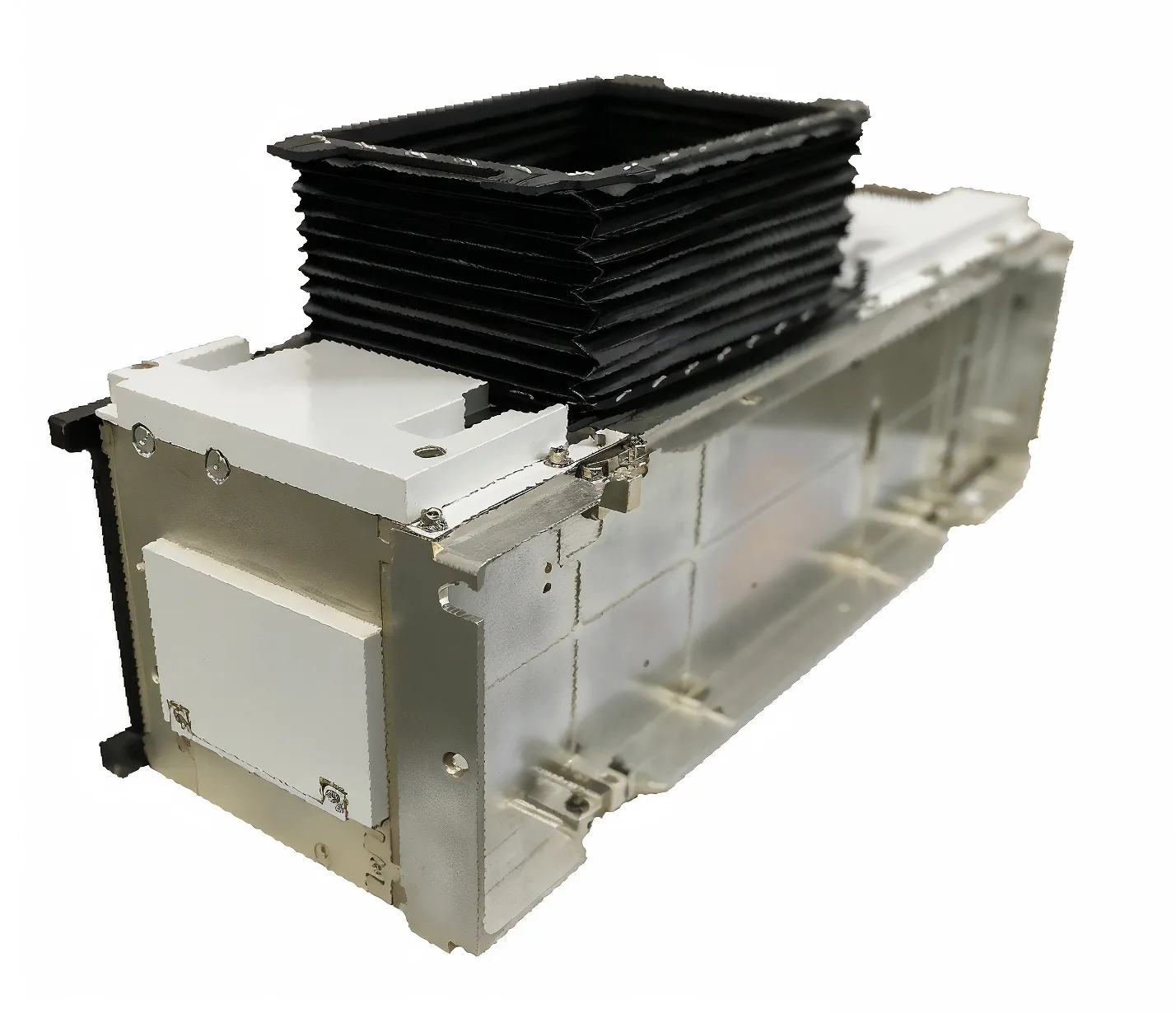 Photograph of an AKAER/Opto Space & Defense E3UCAM satellite optical payload, showing the aluminium housing and black light-baffle — the camera flown on Brazil's VCUB1 nanosatellite.
