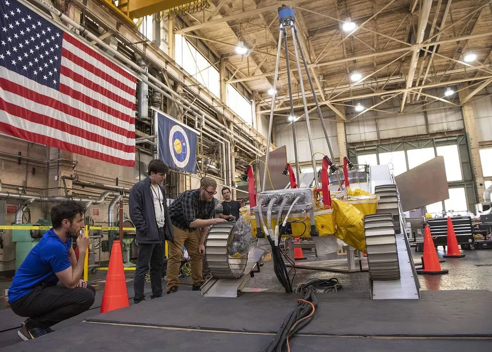 NASA's VIPER rover prototype drives off a mockup of Astrobotic's Griffin lander during an egress test.
